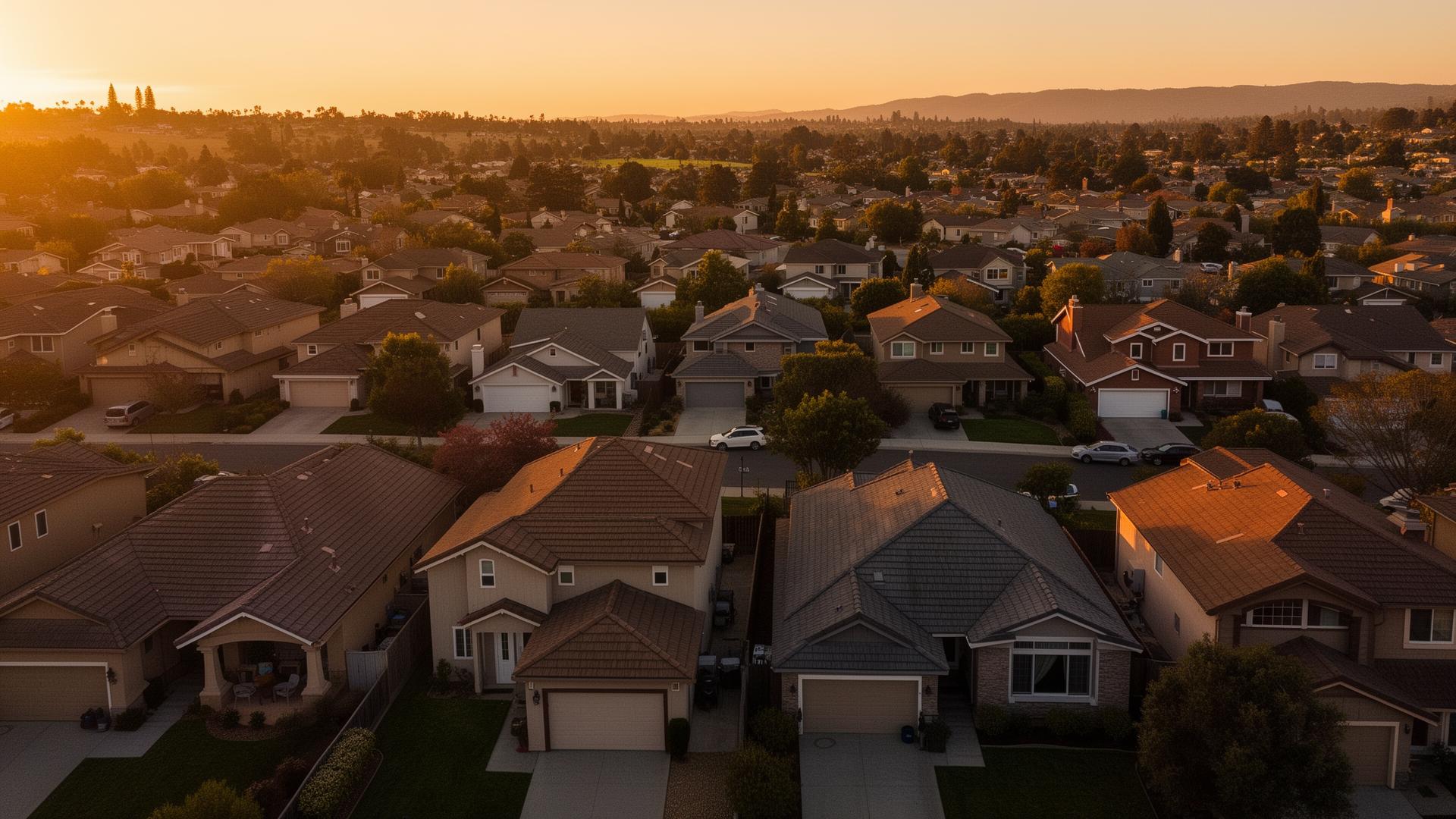 Aerial view of American neighborhood rooftops at golden hour