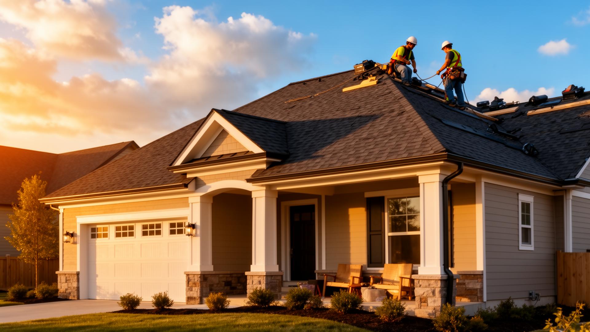 Professional roofing contractors installing shingles on a modern American home at golden hour