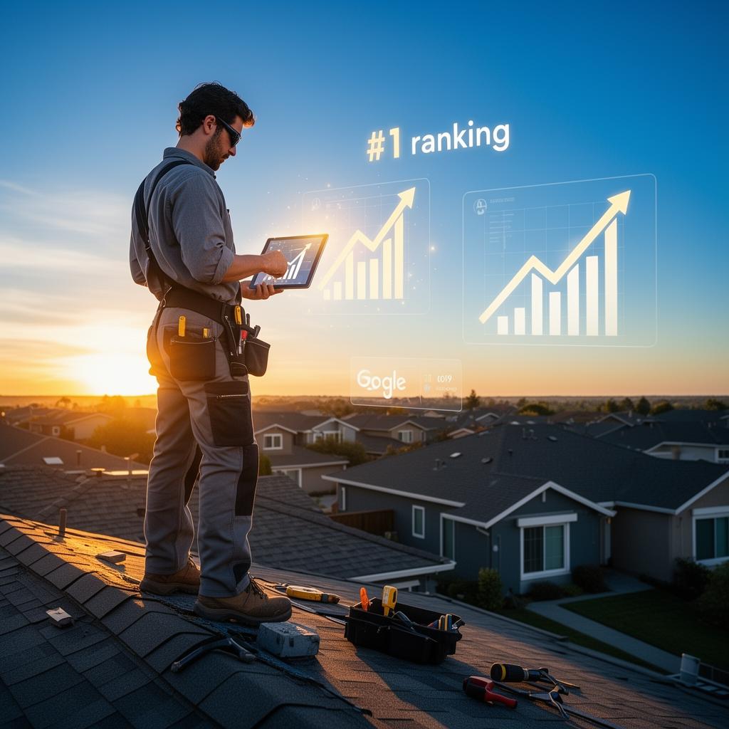 Roofing contractor on rooftop reviewing SEO analytics and Google ranking growth on a tablet